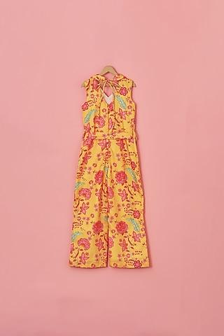 mustard yellow linen floral printed jumpsuit for girls