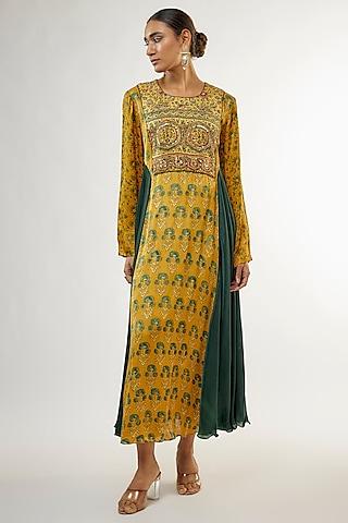 mustard yellow modal silk ajrakh hand block printed & hand embroidered tunic