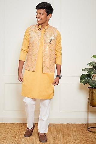 mustard yellow net & glace cotton embroidered nehru jacket with kurta set for boys