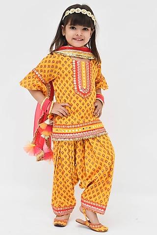 mustard yellow printed kurta set for girls
