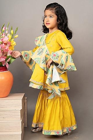 mustard-yellow-roman-silk-zardosi-hand-embroidered-flared-sharara-set-for-girls