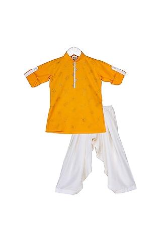 mustard & beige embellished kurta set for boys
