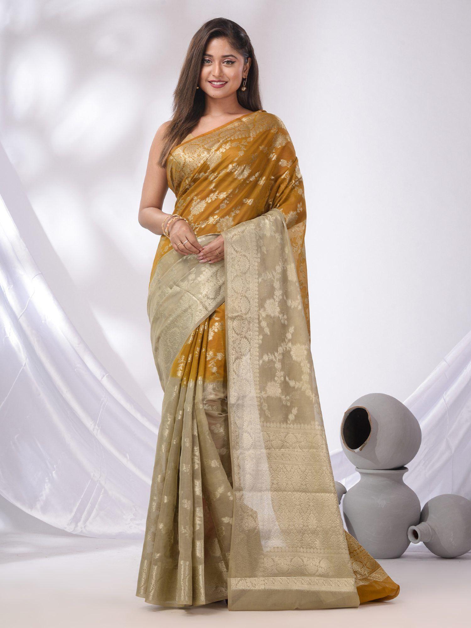 mustard & beige georgette handwoven saree with floral designs & unstitched blouse