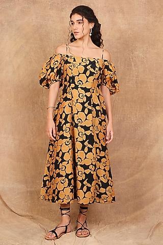 mustard & black linen silk printed maxi dress