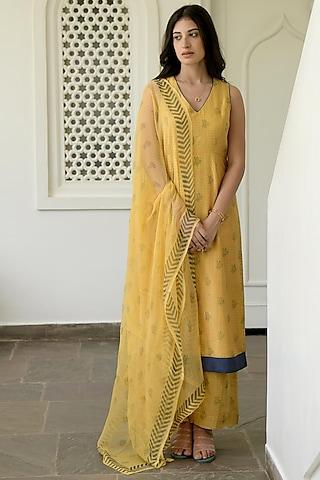 mustard & cornflower hand block printed kurta set