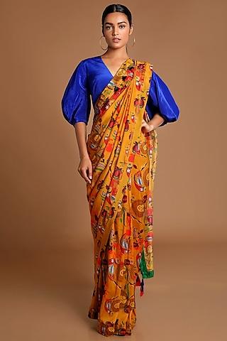 mustard & electric blue printed saree set