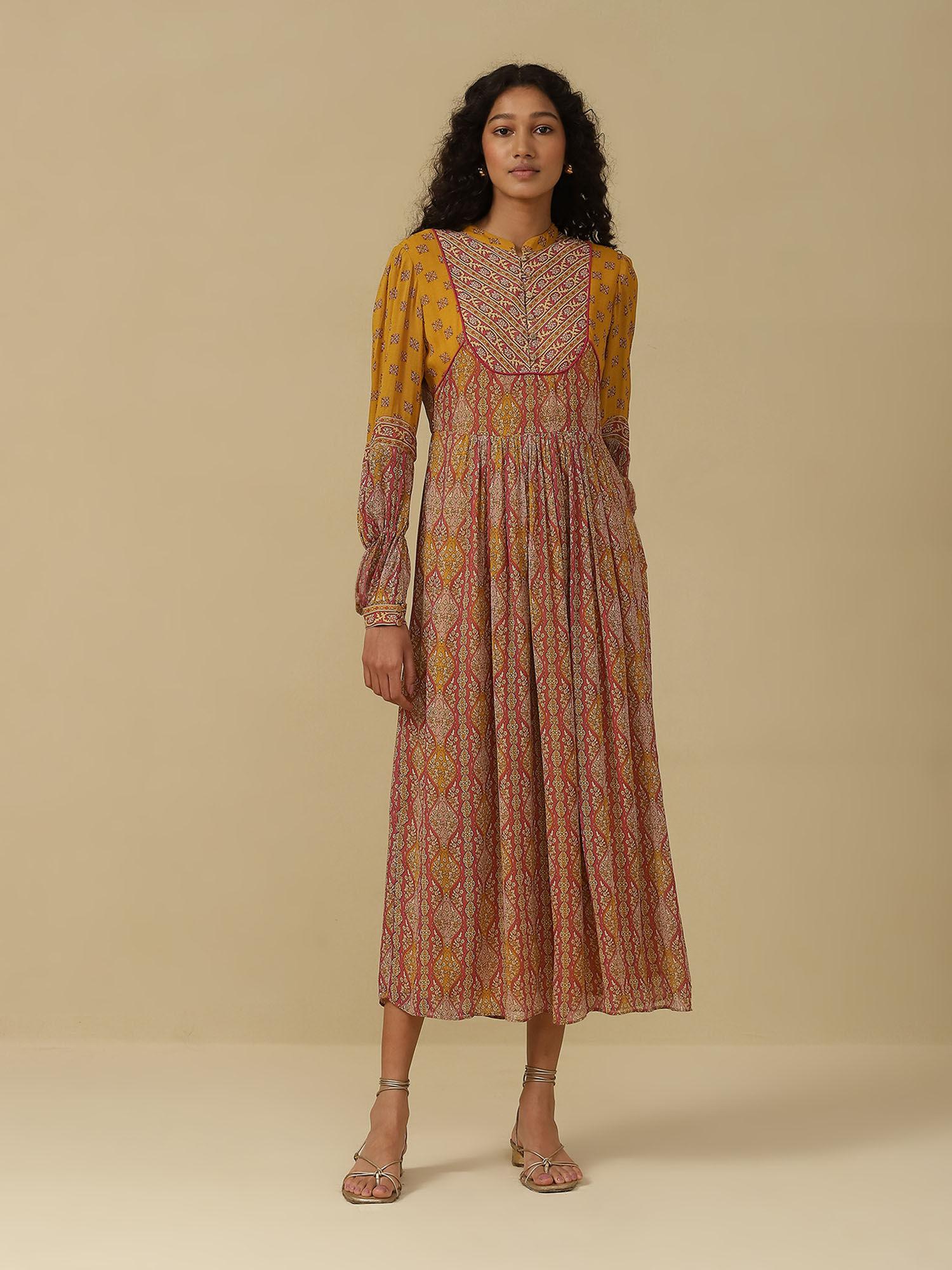 mustard & fuchsia printed long dress