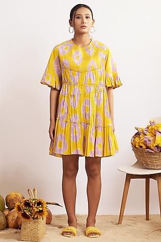 mustard & lilac cotton bandhani high-low mini dress