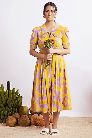 mustard & lilac cotton bandhani knee-length dress