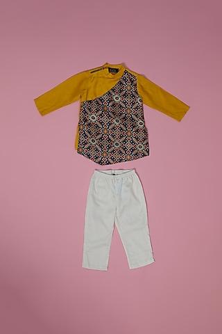 mustard & multi-colored printed kurta set for boys
