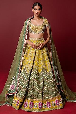 mustard & pickle green viscose raw silk hand embroidered lehenga set