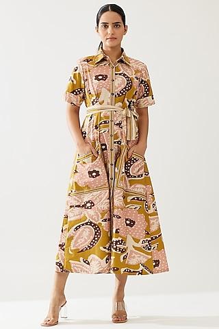 mustard & pink poplin cotton floral printed shirt dress with belt
