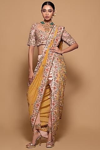 mustard & pink tissue embroidered pre-draped saree set