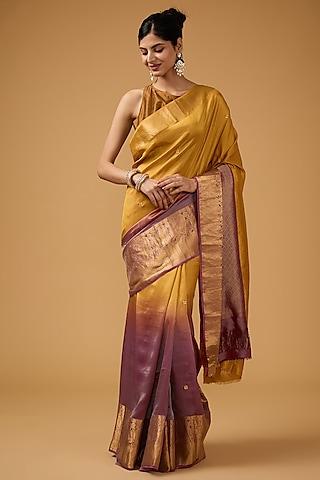 mustard & plum silk sequins motif embroidered saree set