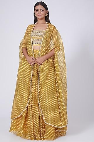 mustard & white organza bindu printed cape set