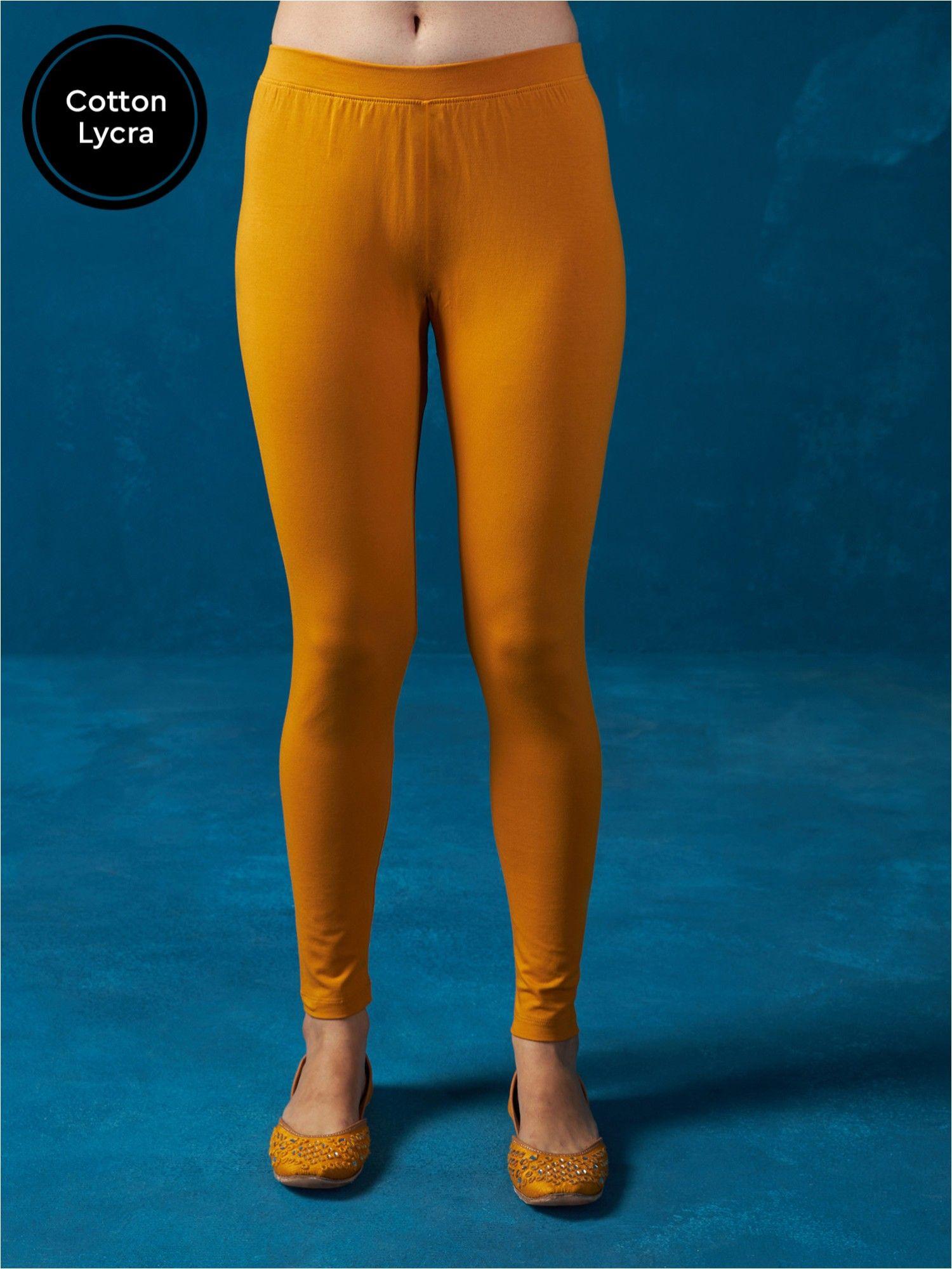 mustard 200 gsm, 4 way stretch cotton lycra ankle length leggings likbtm07