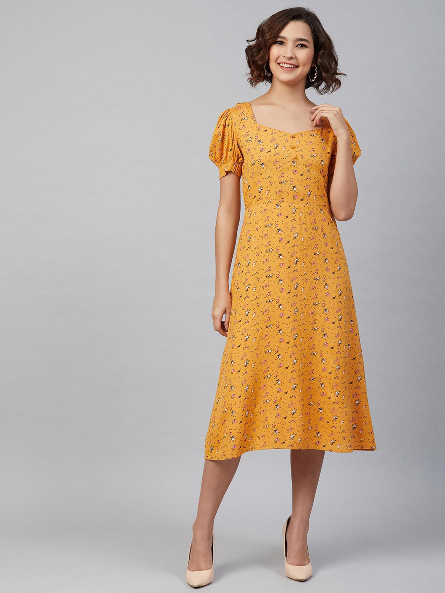 mustard a-line printed midi dress