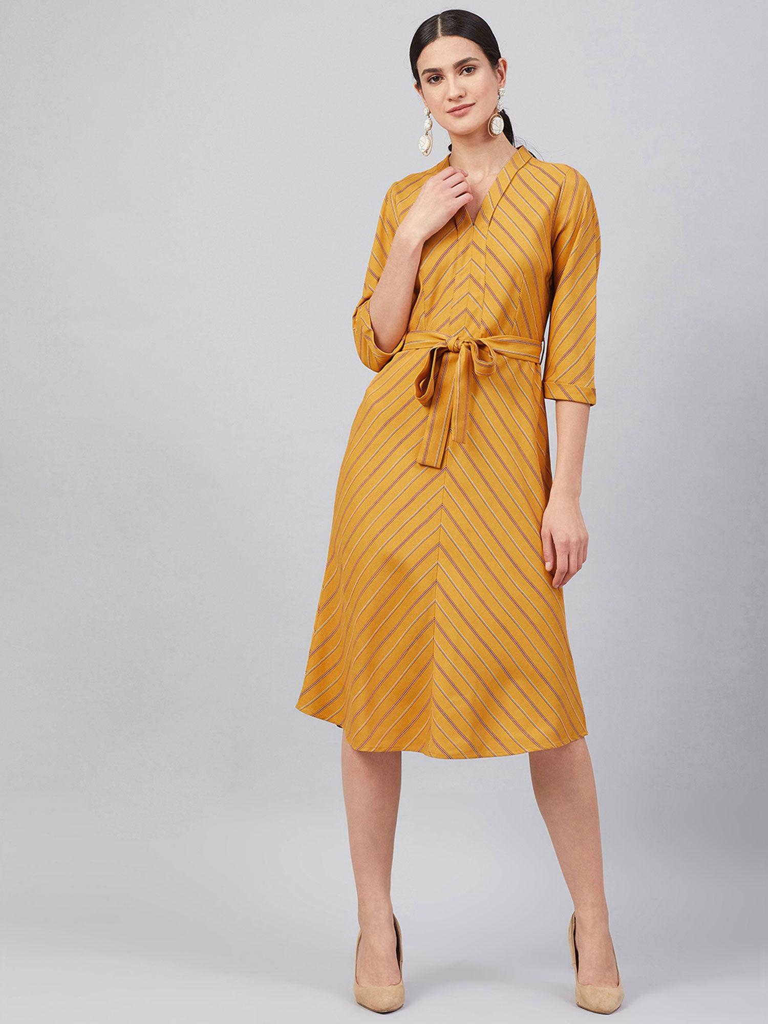 mustard a-line stripes knee length dress