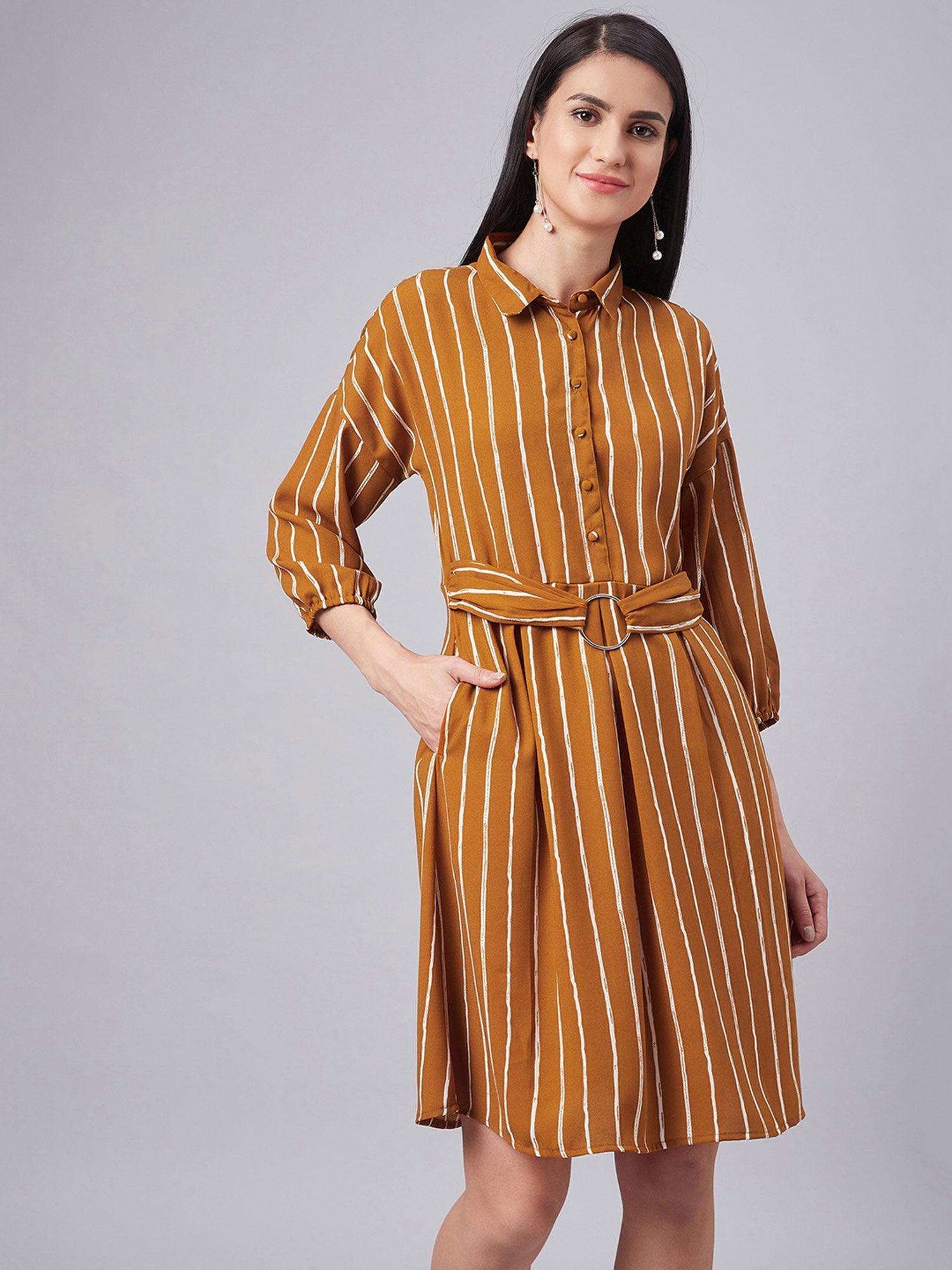 mustard a-line stripes midi dress