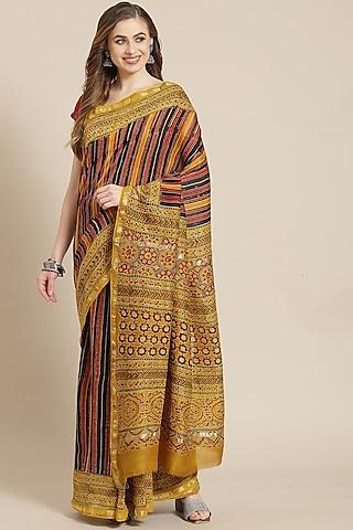 mustard ajrakh printed saree with blouse piece