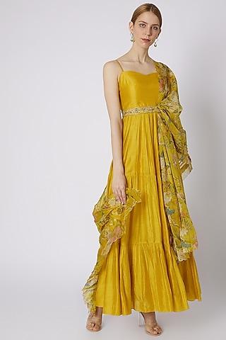 mustard anarkali with printed dupatta & embroidered belt