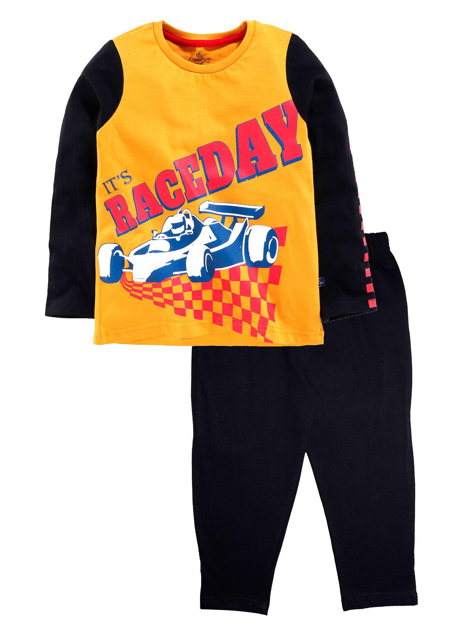 mustard and black full sleeve f1 race day print tee and pyjama (set of 2)