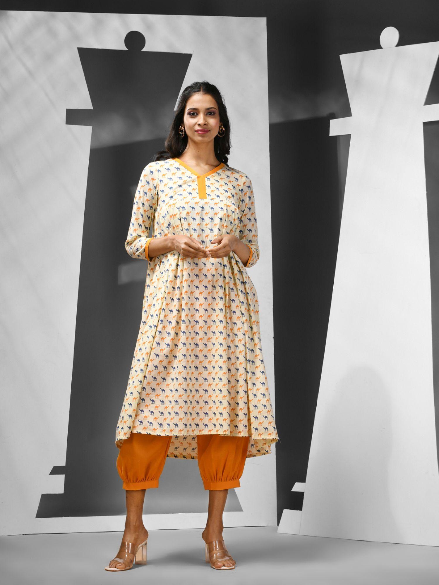 mustard and off white cotton printed motifs kurta