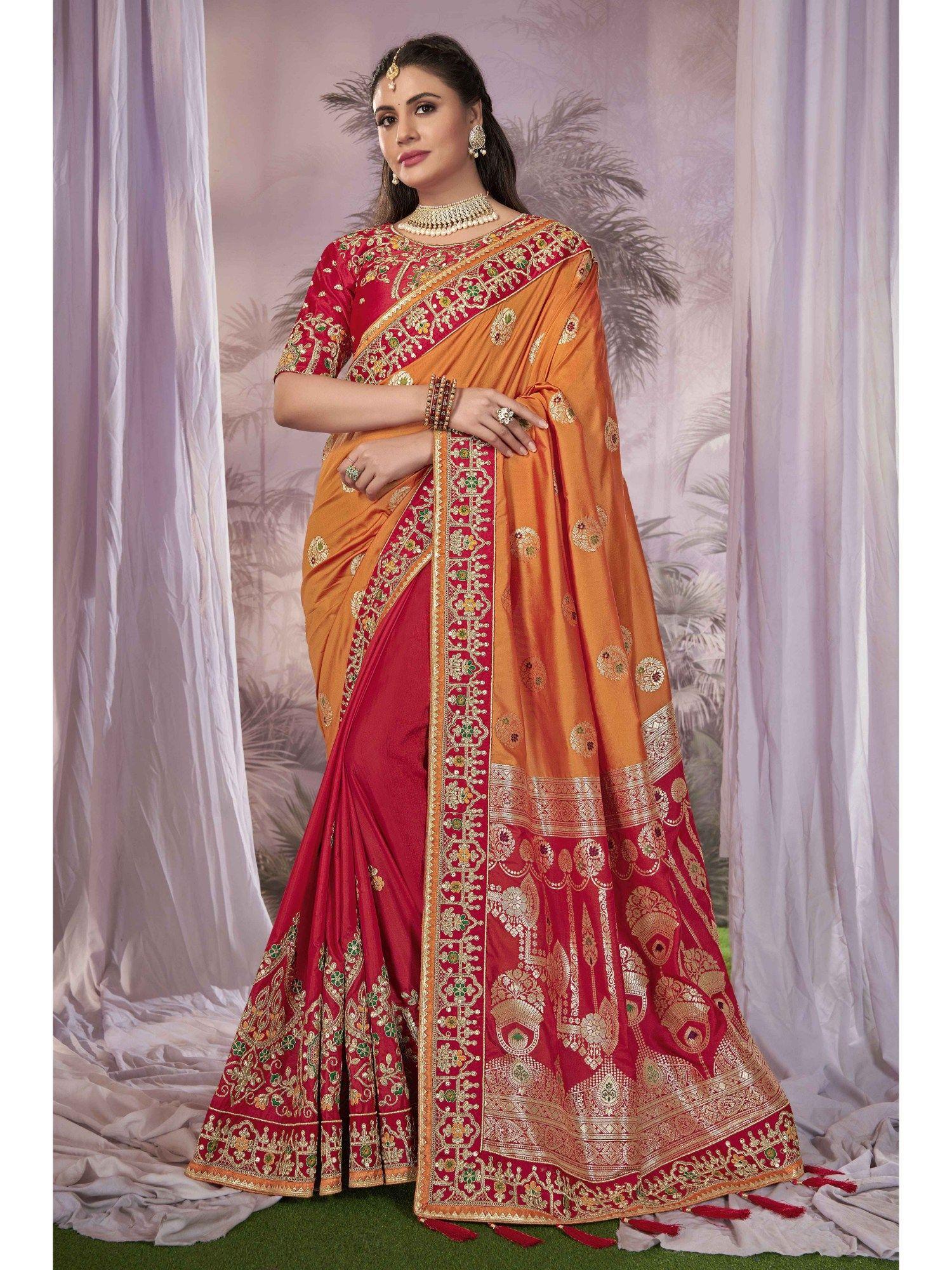 mustard and red banarasi silk woven embroidered saree with unstitched blouse