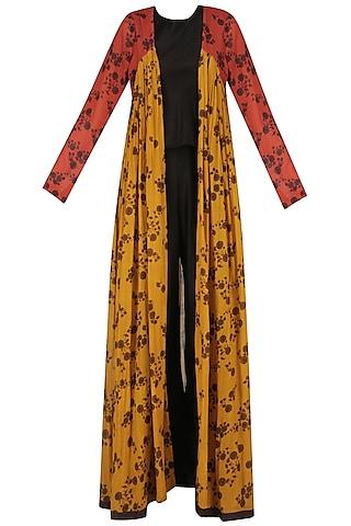 mustard and red floral print floor length jacket
