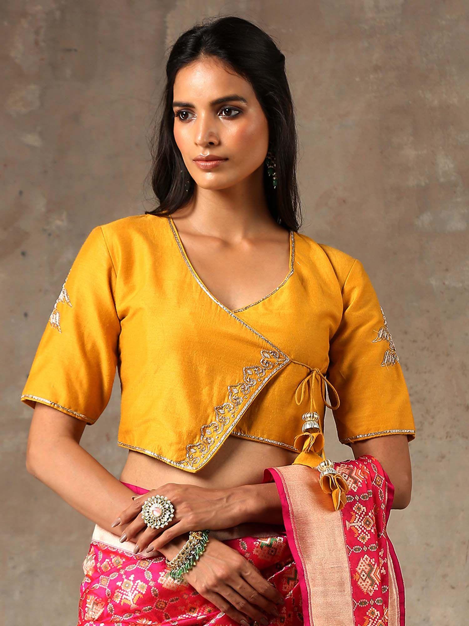 mustard angrakha style blouse in munga silk with embroidery