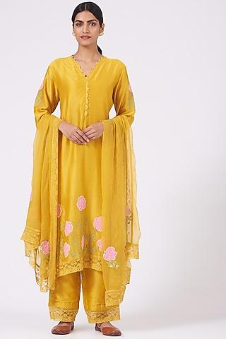 mustard applique embroidered kurta set