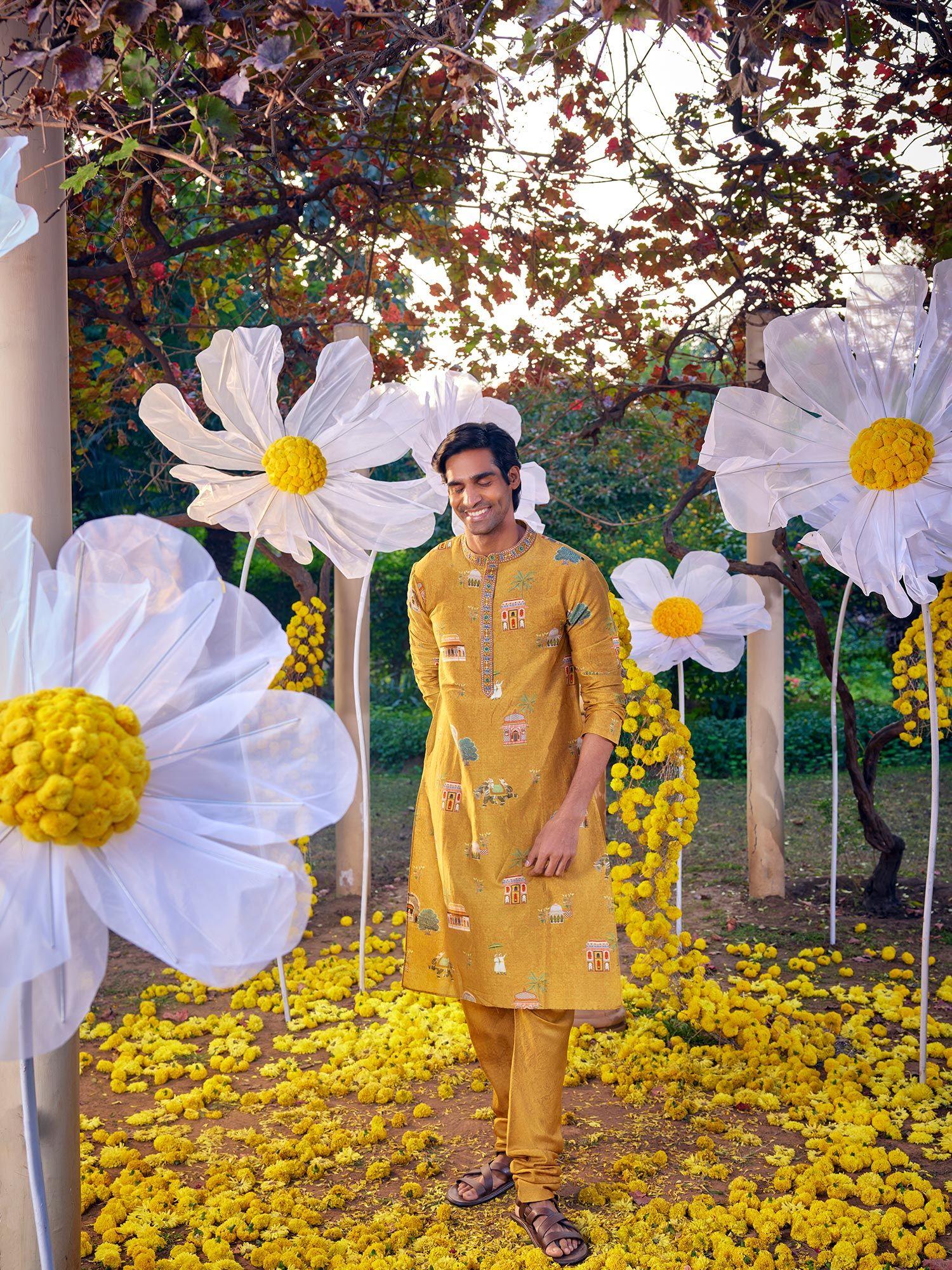 mustard arnav kurta with churidar (set of 2)