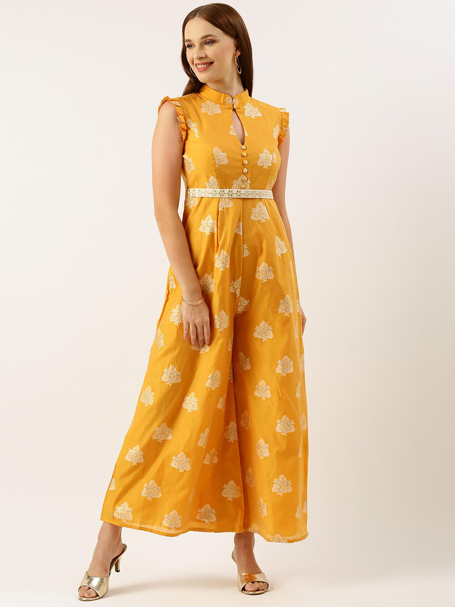 mustard art silk cotton printed jumpsuit with belt (set of 2)