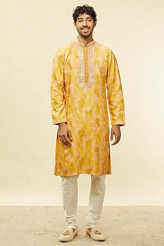 mustard art silk foil mirror embroidered kurta set