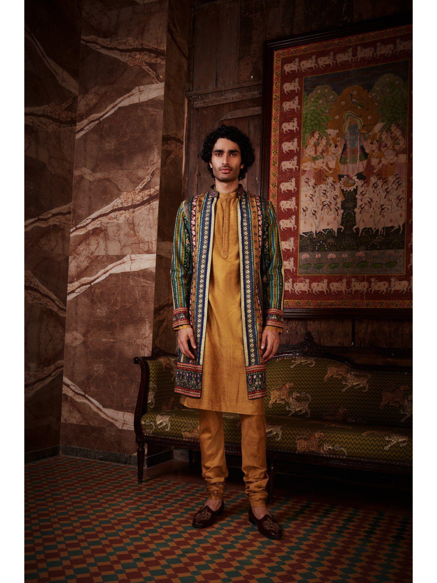 mustard aslan kurta with churidar and nehru jacket (set of 3)