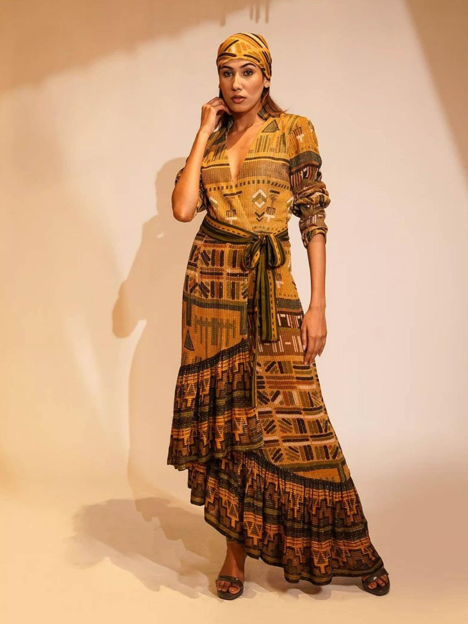 mustard aztec print maxi with belt (set of 2)