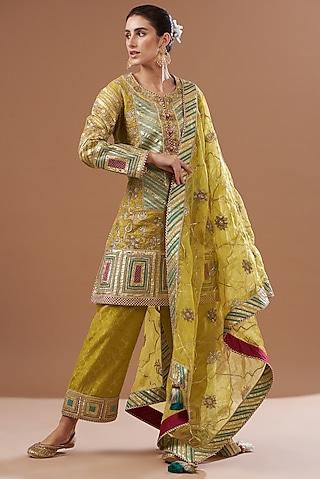 mustard banarasi & chanderi embroidered kurta set