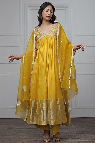 mustard banarasi silk embroidered kurta set
