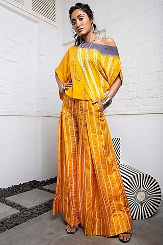 mustard bandhani box pleated pants with dyed top