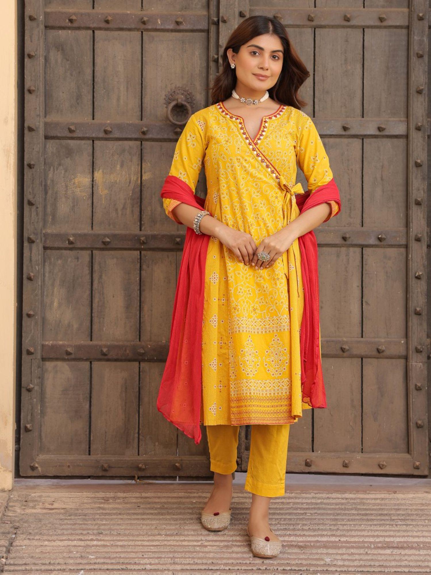 mustard bandhani print angrakha cotton kurta with pants & dupatta set with mirror work embroidery