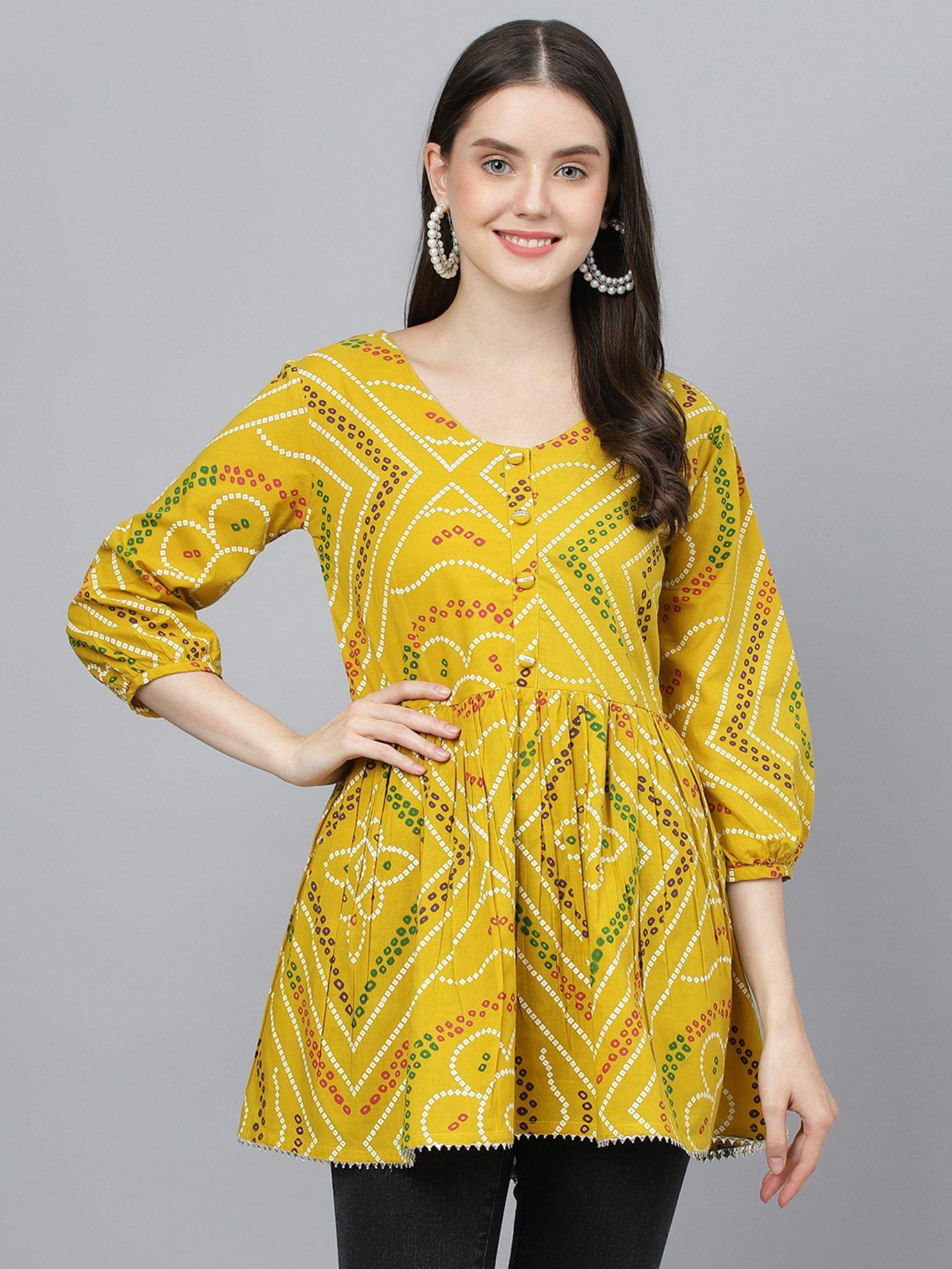 mustard bandhani printed cotton peplum top