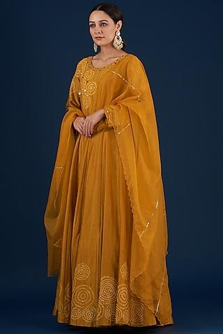 mustard bandhej printed anarkali set