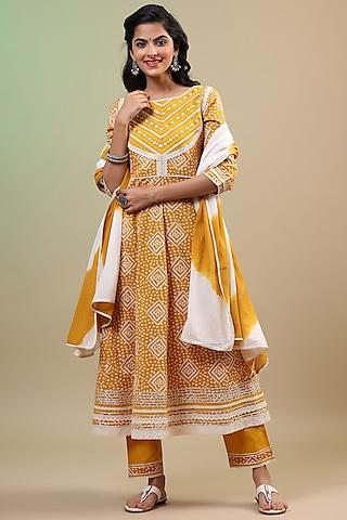 mustard bandhej printed anarkali set