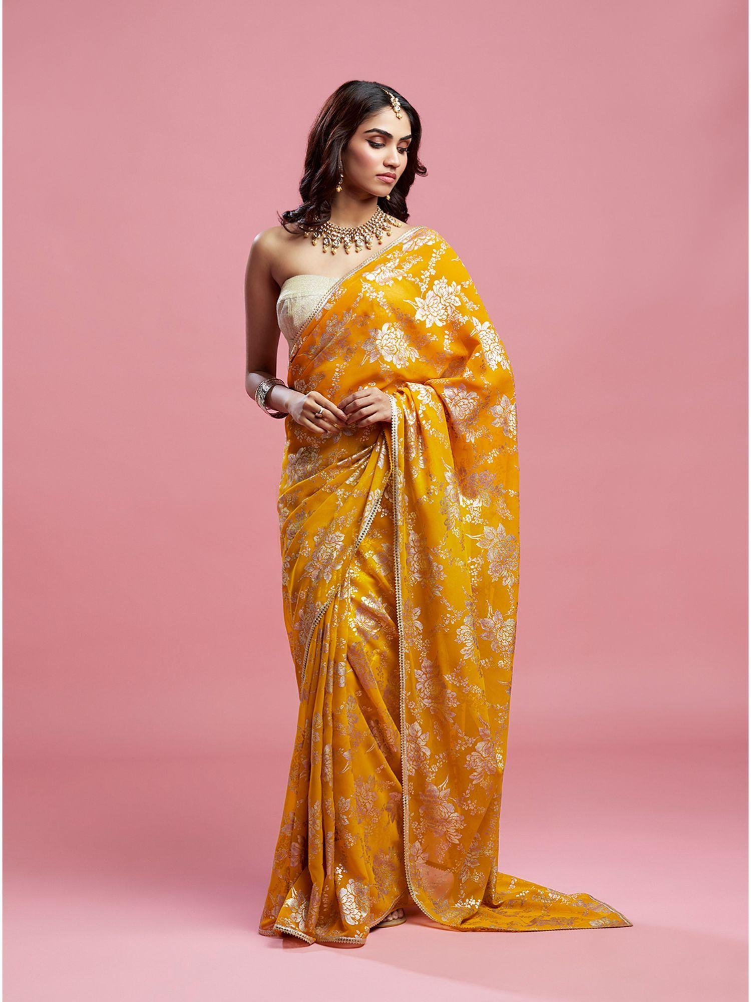 mustard barfi saree with stitched blouse