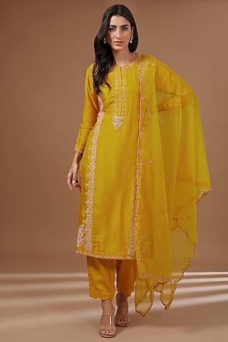 mustard bemberg silk dabka embroidered kurta set