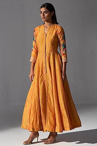 mustard bemberg silk embellished & printed anarkali set