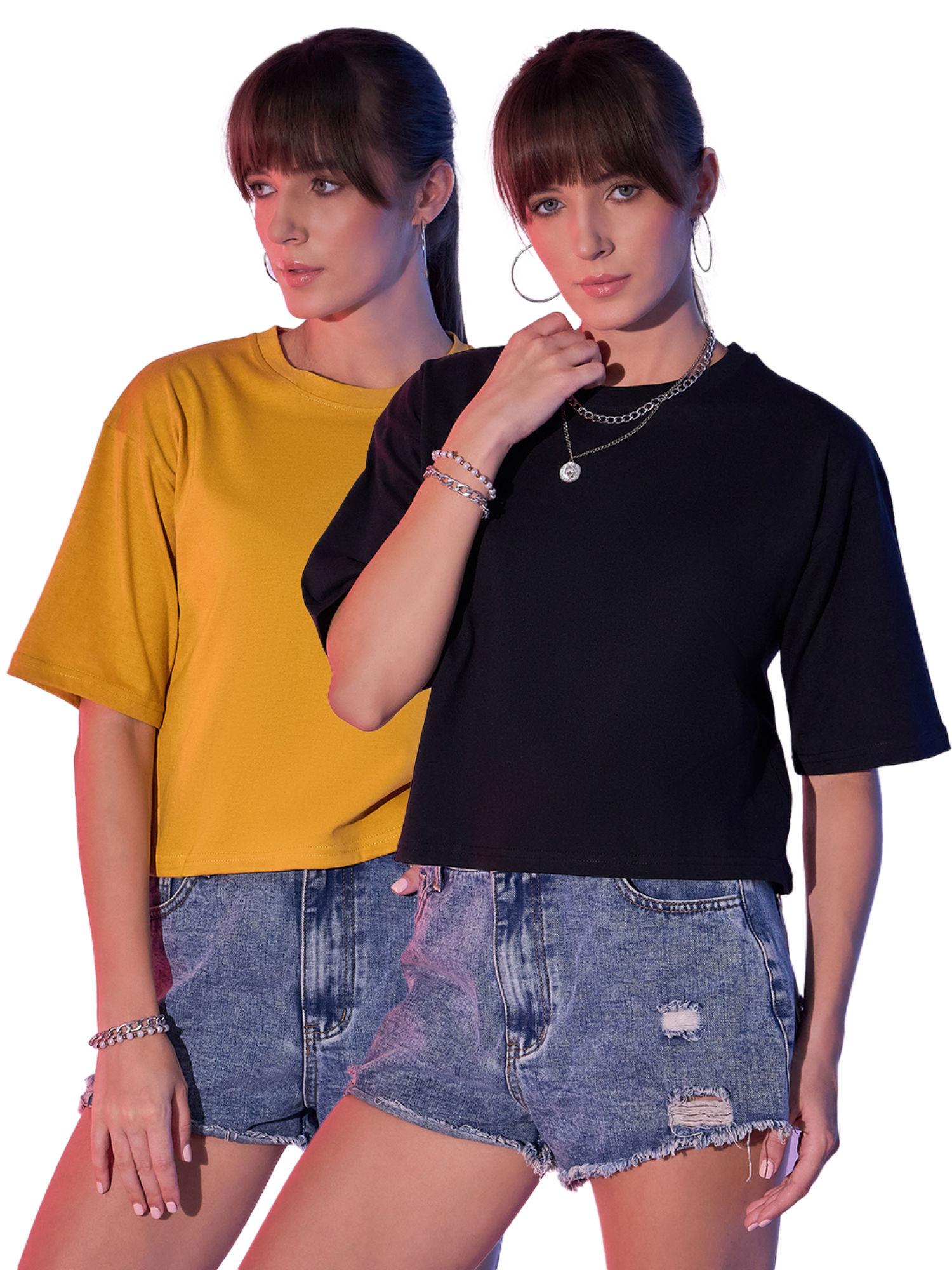 mustard black cotton solid loose fit women cropped t-shirt (pack of 2)