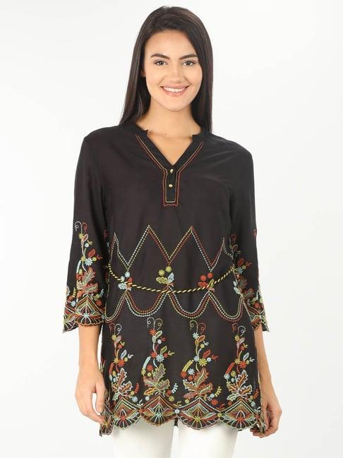 mustard black embroidered tunic