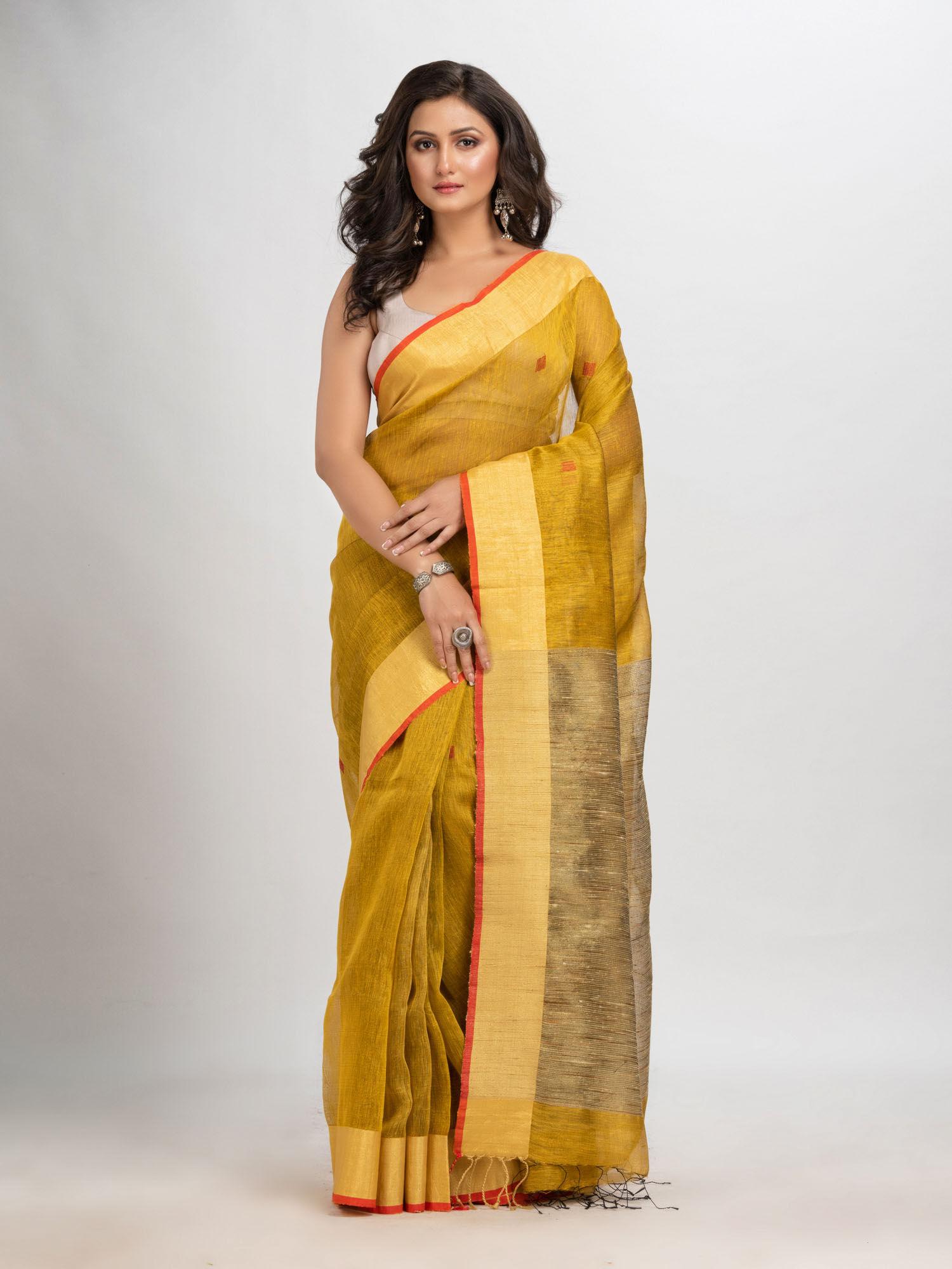 mustard blended fabric printed woven saree with unstitched blouse