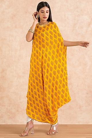 mustard block printed kurta set